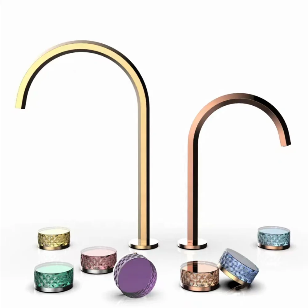 Hotel Bathroom Design Modern Basin Faucet Colour Crystal Handle Mixer 3 Holes Dual Handle Sink Faucet