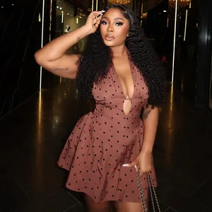 Brown Women Autumn Mix Natural Trendy Sexy Backless Pleated Slit Polka Dots Skirt Casual Sleeveless Ruffled Dresses Bud