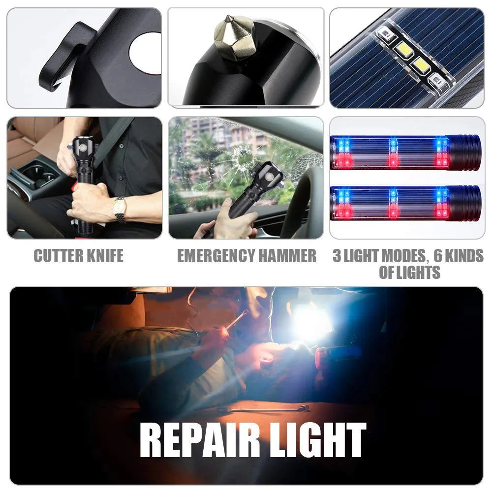 Emergency MultiFunction Outdoor Solar Power Tactical Flashlight Safety Hammer Seat Belt Cutter Flashlight with USB Charge supplier