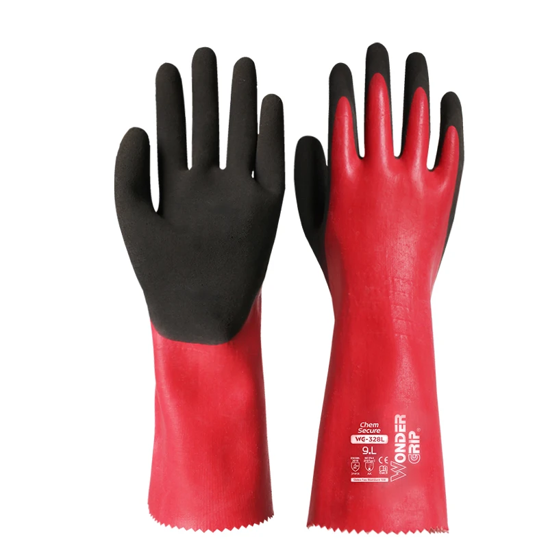 WG-328L Chem Secure guantes de trabajo de protección química impermeables extendidos guantes de látex natural de spandex de nailon rojo