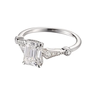 Emerald Cut Engagement Ring 925 Sterling Silver Vintage Style Wedding Band with Accent Stones Sparkling Fine Jewelry for Women