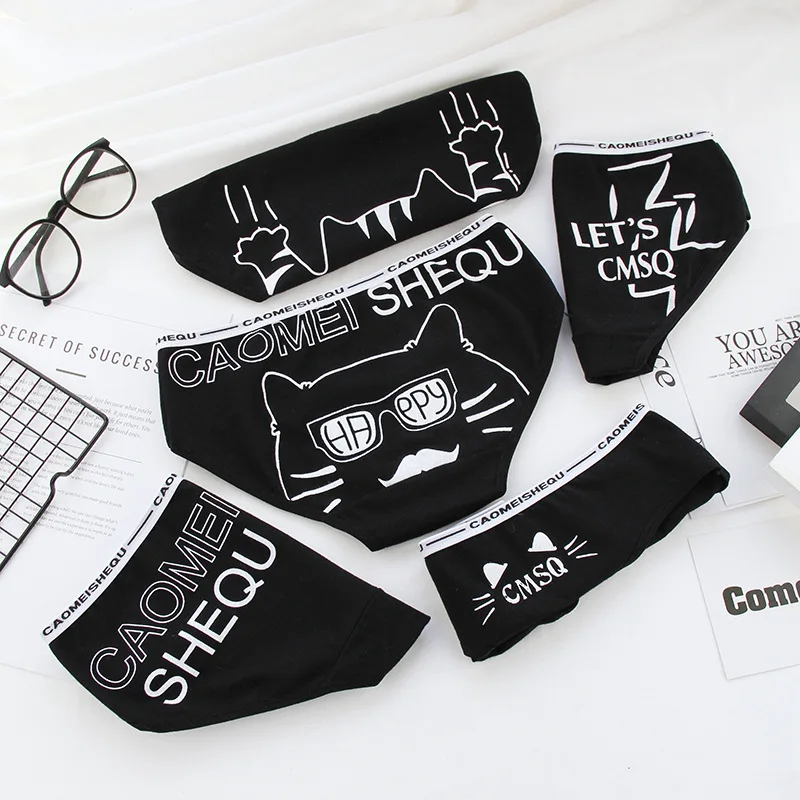 Cheap Printed Cute Cat Cartoon Pattern Briefs Black Low Waist Cotton Panties Women Underwear