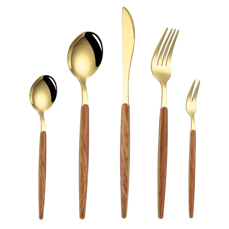 5pcs Custom Gold Utensils Spoon Fork Knife Flatware Metal Stainless Steel Gold Cutlery Set with Printed Wooden Handles