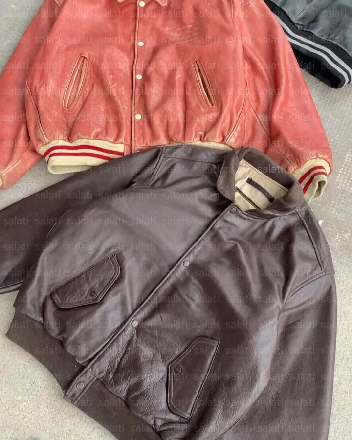 Salati Custom Designer Streetwear Oversized Zip up Genuine Vintage Trucker Letterman Varsity Men's Bomber Jacket Leather Jacket gallery 2