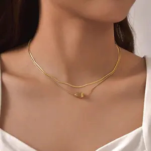 Fashion Jewelry 18k Gold Plated Stainless Steel Layered Necklace Water Drop Spacer Snake Chain Charm Beads Necklace