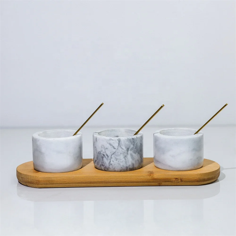 Marble PInch Pot With Brass Spoon Set of 2