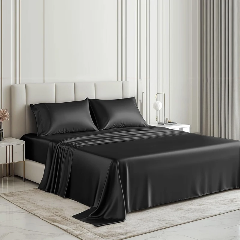En stock : ensemble de literie haut de gamme de 6 pièces, taille queen, en satin gris soyeux, pour usage domestique ou hôtelier