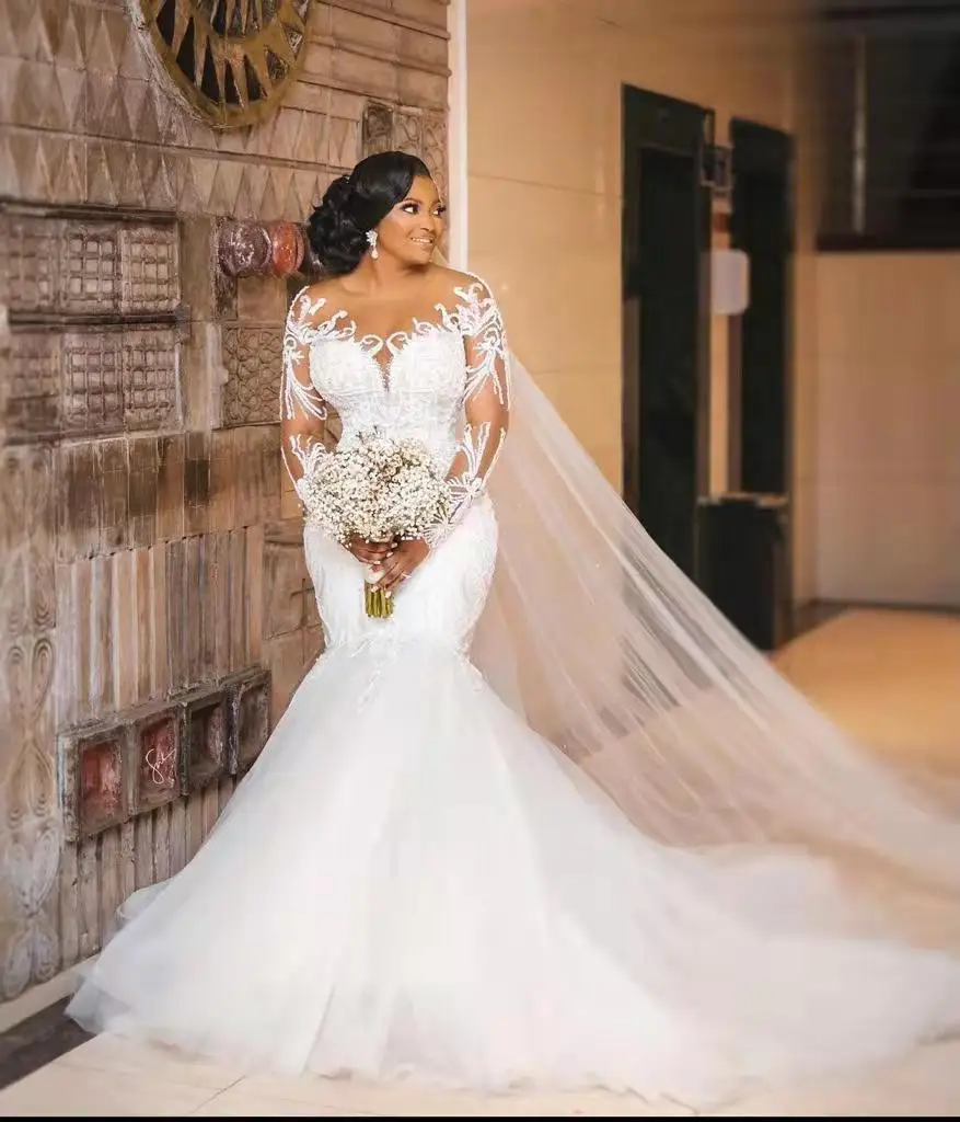 AL1458 Plus Size Elegant African Pure White Lace High Quality Luxury  Wedding Dresses 2022 Bridal 2023 Curvy Mermaid Wedding Dres