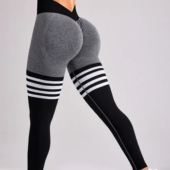 Women Sportswear Contrast Color Seamless Leggings Scrunch Butt Lifting Pants High Waist Striped Leggings