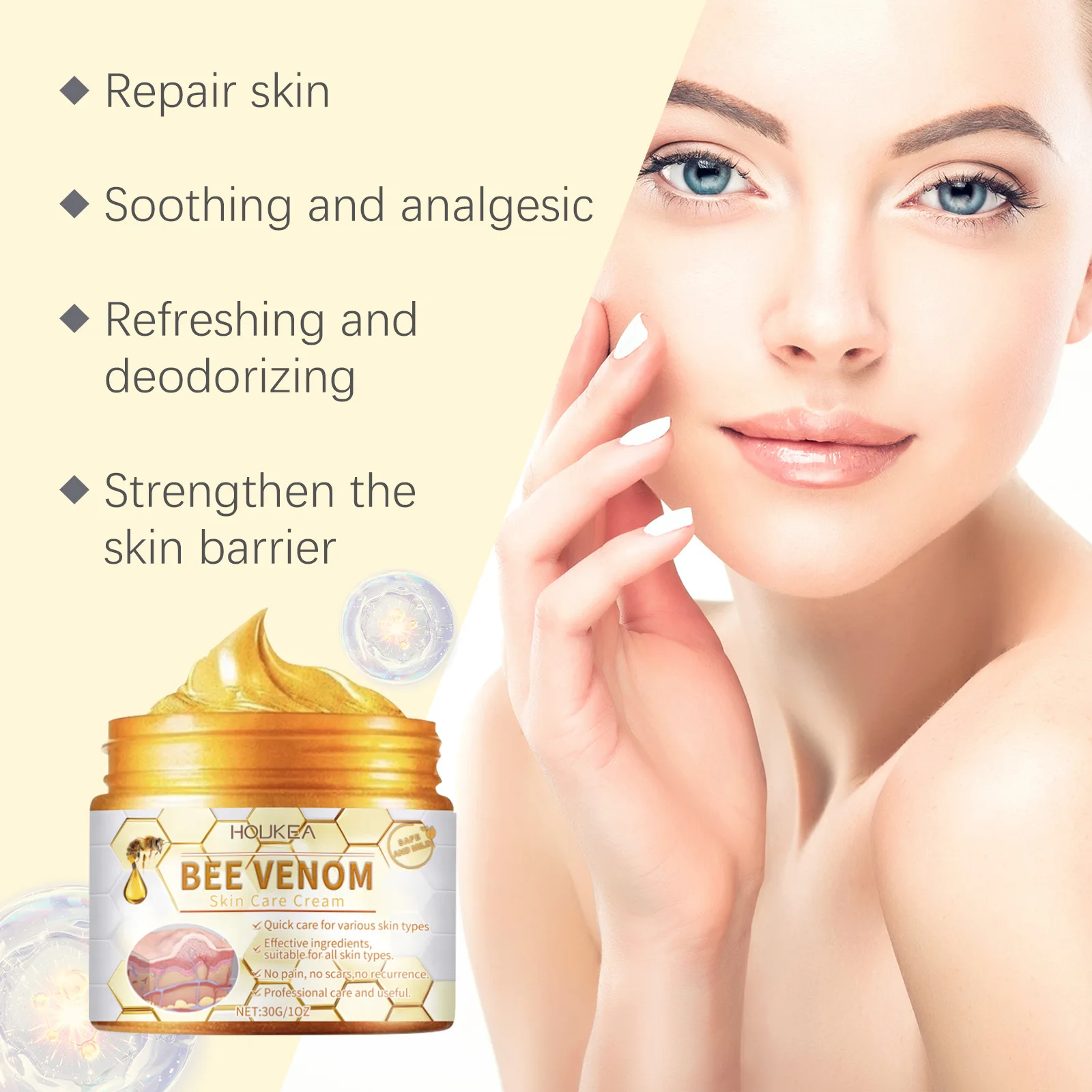 Houkea Cream Bee Venom: Nourishing Damaged Skin Repair Cream for All Skin Types, Anti-Aging with Hyaluronic Acid