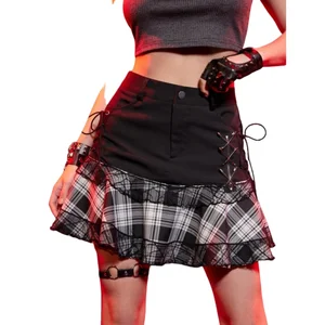 Black Gothic Style Empire Waist A-Line Woven Plaid Patchwork Ruffle Zipper Lace-Up Breathable Eco-Friendly Mini Skirt for Women