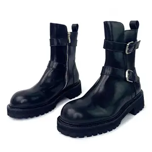 New Winter Autumn Lace up Boot Ladies Boots High Heels Middle Cylinder Booties Women Crude Heel Metal Leather Buckle Shoes