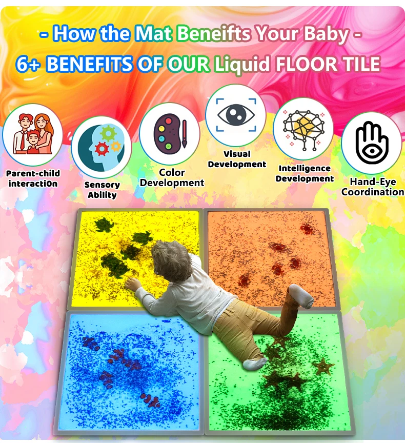 Square aquarium liquid sensory floor tiles suitable for treating children with autism, puzzle toys for children, squeezing toys supplier