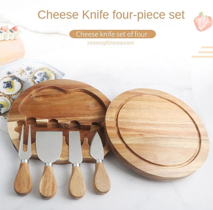 Round Slide Out Acacia Wood Cheese Board and 4 Piece Cheese Knife Set ...