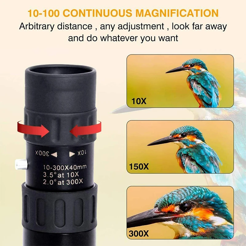 10-300X40 Zoom HD Portable Strong Binoculars Long Range Professional Spyglass Monocular Telescope Low Night Vision for Hunting