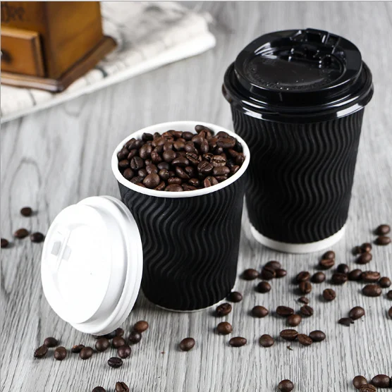 Custom printed logo disposable recycle  8oz 9oz 10oz 14oz 16oz 12oz double ripple wall hot stamping coffee paper cups with lid manufacture