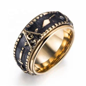 Custom Made Fashion Engraved Black Mens Jewelry Gold Plated Rotatable Ring for Men