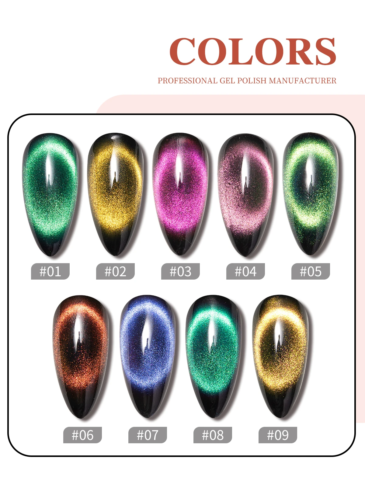 New design 9 colors 9D cat eye gel polish for nail art magnetic diamonds cat eye nail gel polish kit OEM customization details