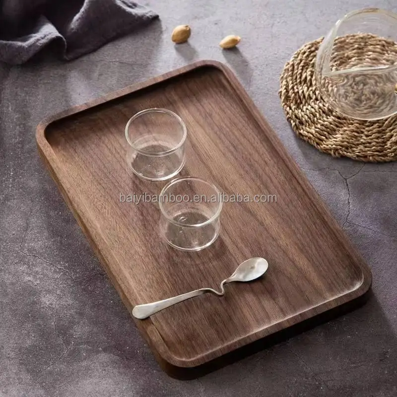 Modern Simple Walnut Solid Wooden Storage Serving Tray Handcrafted Breakfast Trays for Kitchen Houseware Use Dishes & Plates