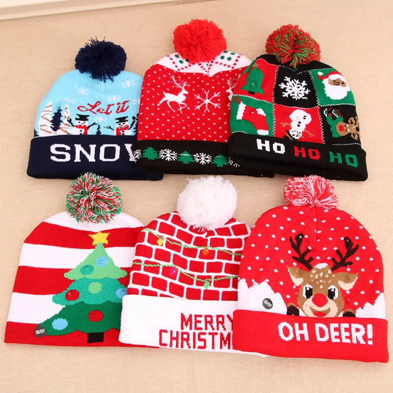 New Style Led Christmas Hat Light-Up Sweater Knitted Santa Claus Christmas Gift Kids Adult Xmas Christmas Hats with Led Lights