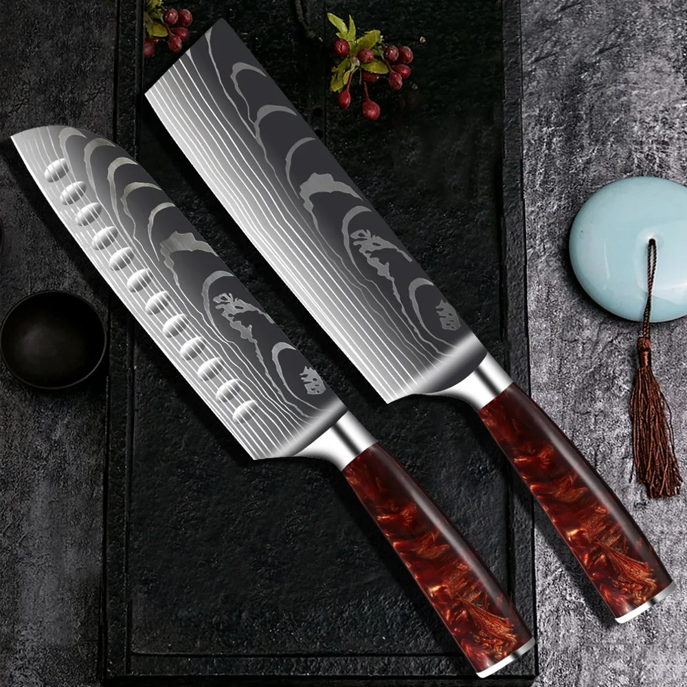 Kitchen Knife Set Japanese Damascus Pattern Stainless Steel Profi Chef's  Knives