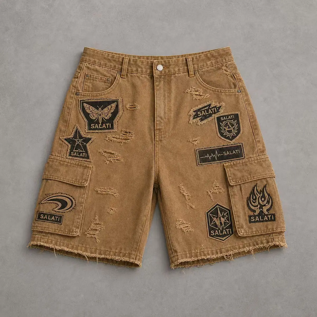 Men's 100% Cotton Streetwear Hip Hop Mid Denim Shorts Custom Logo Breathable Overalls Summer Season Light Washed Embroidered gallery 6