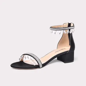 Lilywei High Quality French-style High-end Black Square-toe Sandals Party Sandals Ladies' Multi-Strap Open-toe Pearl Heel Sandal