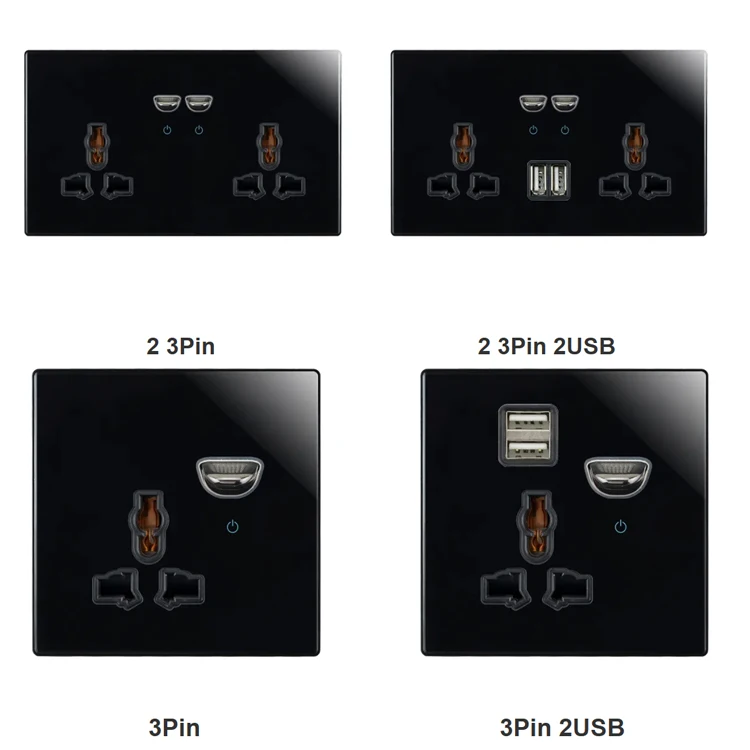 13a Universal Power Socket With Usb Wall Outlet With Led Black Glass Uk