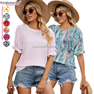 Designer Summer Woman Blouses Crepe Floral Tops Frills Puff Sleeves Casual Ladies Blouse Elegant Shirts for Women