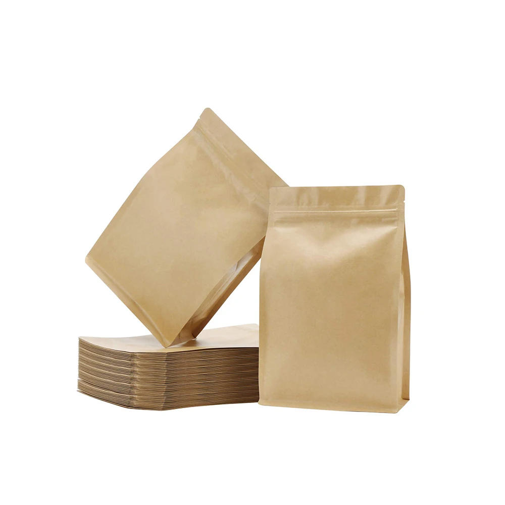 Плоский нижний стоячий мешок 1 кг Oem алюминиевая фольга 250 г Напечатанный На Заказ Коричневый Крафт бумажный мешок боковая молния кофе мешок