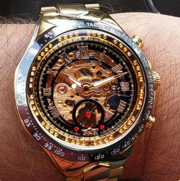 WINNER 8067 Accurate Gold Mens Mechanical Watch Creative Product Steel Band Water Proof Automatic Skeleton Business Watch Price