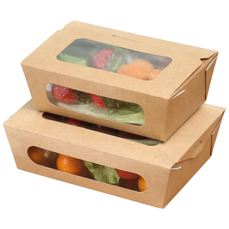 Salad Packing Box Kraft Paper Lunch Box Fast Food Fruit Pasta Sushi Light Food Takeaway Packaging Box With Transparent Window