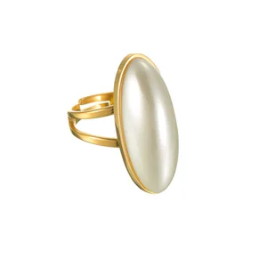 Fashion Luxury Jewelry Adjustable Open Rings 18k Gold Plated Stainless Steel Oval Pearl Ring for Women