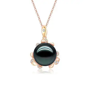 18K Gold Round Diamond Necklace 12Mm Natural Black Tahitian South Sea Pearl Blossom Pendant