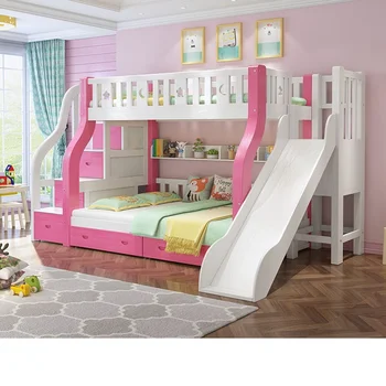 Children Furniture bunk bed children wooden bunk bed with slide for girls Lacquered wood bed
