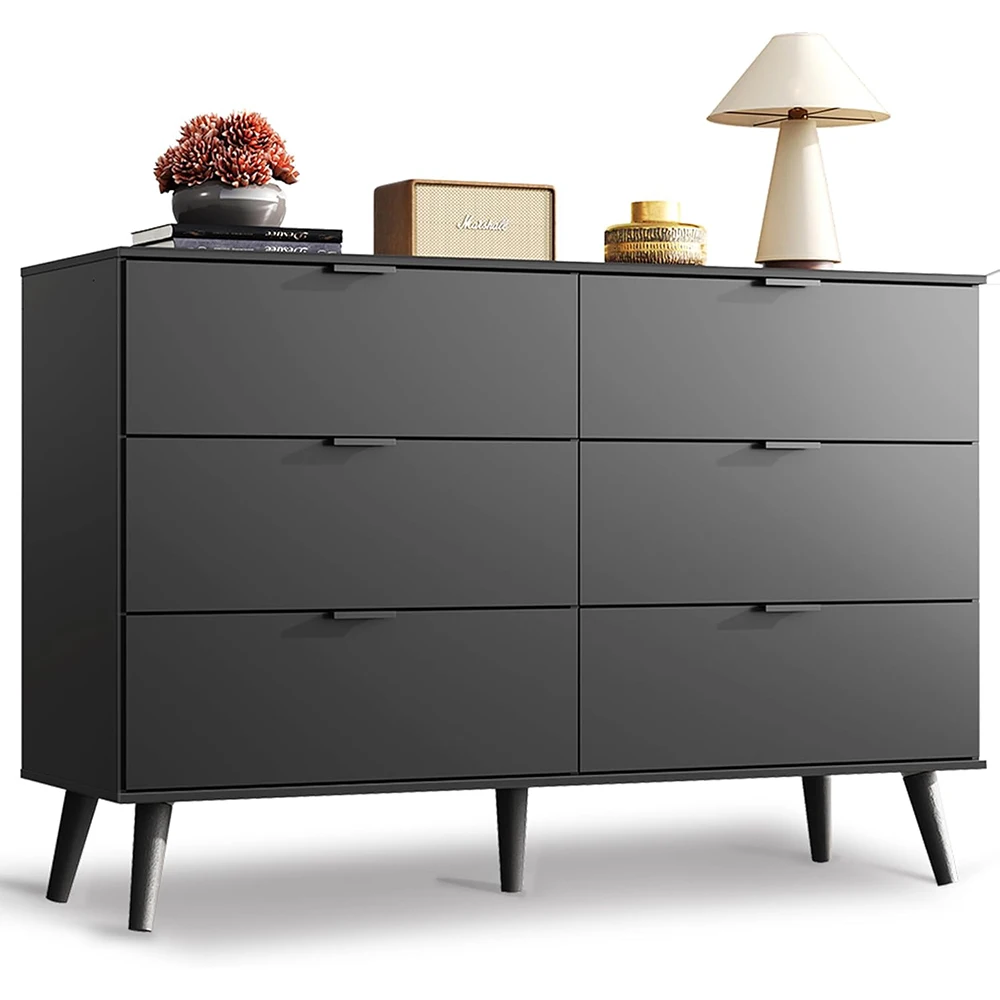 Nu-Deco Modern Black Wooden 6-Drawer Dresser with Sturdy Metal Handles 47.24'' Wide TV Stand for 55'' TVs Bedroom Storage