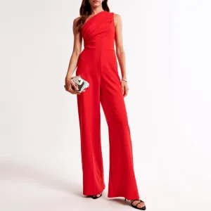 Wholesale Chic Elegant Evening Wear Office Lady High Waist Asymmetrical Breathable Design One-Shoulder Wide-Leg Jumpsuit