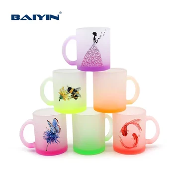 Baiyin Hot Selling Cute 11oz Gradient Colorful Glass Cups frosted sublimation glass mug with handle