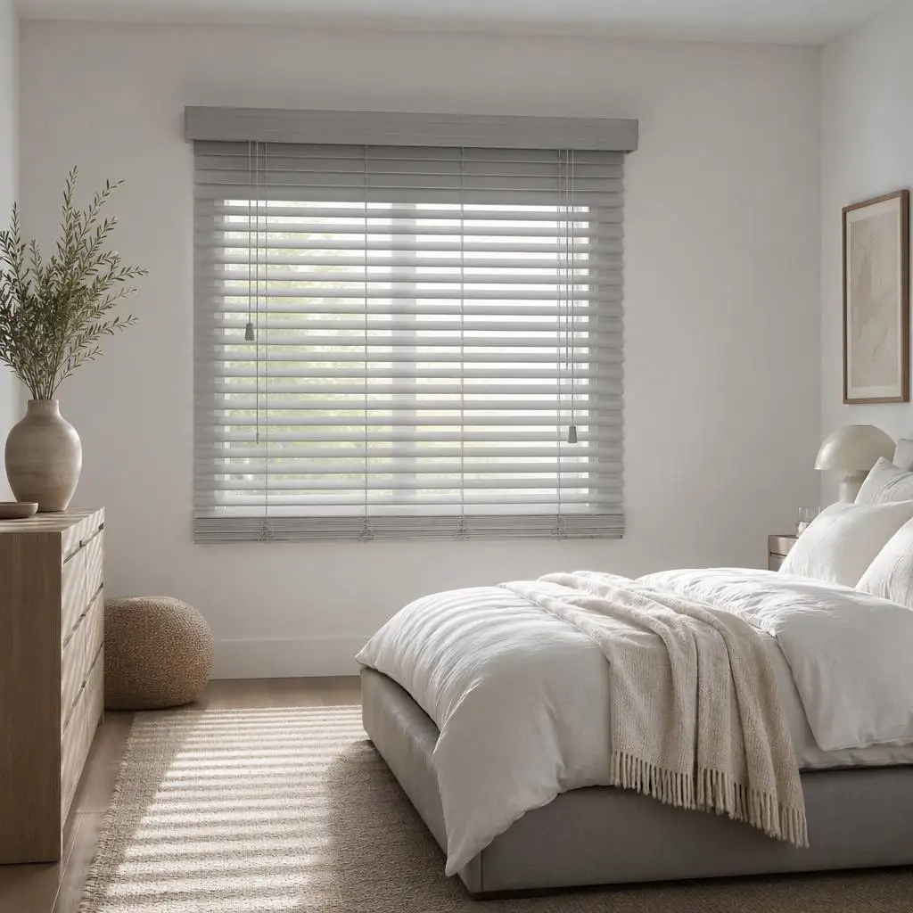 White Paulownia Wood Venetian Blinds 50mm Slats Ladder String Privacy Control Eco-Friendly UV Blocking for Bedroom Painted Color