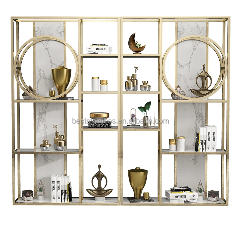 Book Shelves Frame Decoration Bookshelf Tall White Home Office Bookcase Gold Stainless Steel Modern Wooden Case Customized