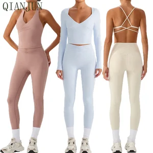 Halter Neck V-shaped Neckline Gym Fitness Yoga Wear 5 Sets Breathable Quick Dry Women Running Naked Tight-Fitting Workout Sets