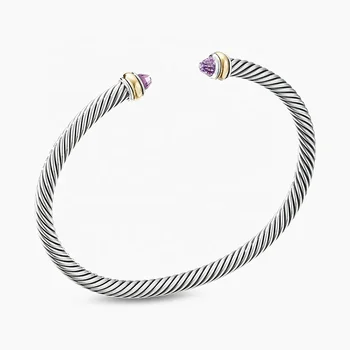Brand Fine Jewelry Luxury Designer David 925 Sterling Silver Amethyst Twisted Helix Classic Cable Bracelet For Women