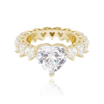 Best Selling Silver Gold Pink Color Heart Shape Hip Hop Tennis Ring Cubic Zirconia Stone Ring Engagement Iced Out Ring