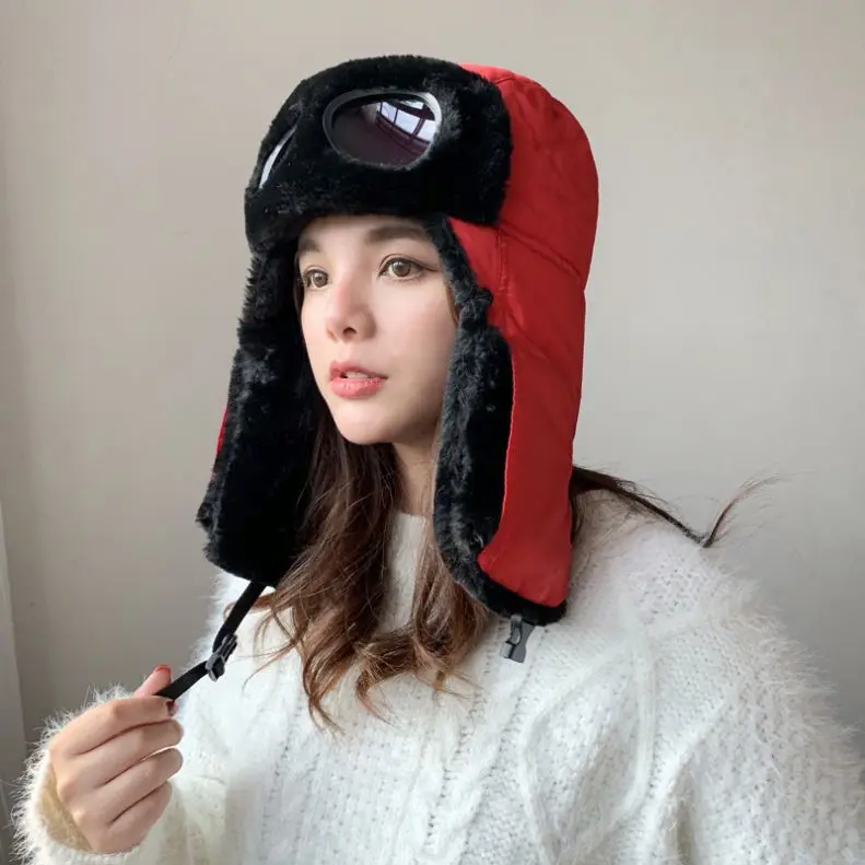 Newest Waterproof Russian Style Aviator Trooper Hat with Glasses Ski Windproof Earflap Faux Fur Winter Hat for Eye Protection