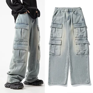 New Workwear Multi Pocket Design Jeans Men's Old Wash Vintage Japanese Casual Pants China-Chic Loose Wide Leg Pants