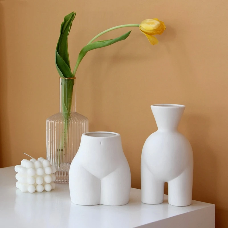 HEMOTON Female Form Body Flower Vase White Ceramic Planter Modern Body Sculpture Lady Chest and Butt Vase Indoor Outdoor Planter Pot for Home Office 