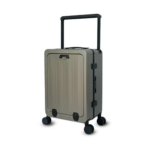 Unisex PC Luggage Set with Wide Front Open Pocket TSA Lock Spinner Caster for Business Travel Aluminum Trolley Suitcase