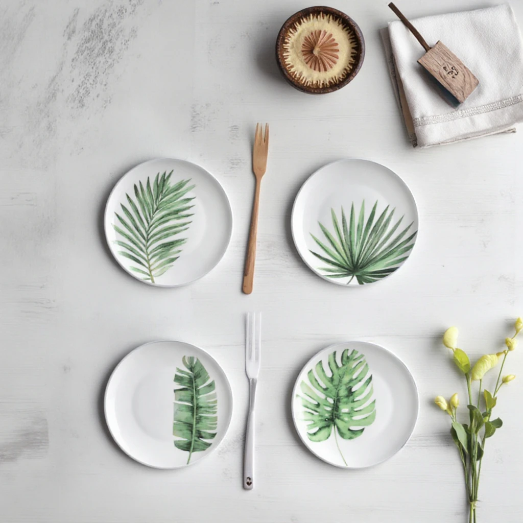 Creative Green Leaf Pattern Printed Ceramic Dinner Plates Eco-Friendly Bone China for Charger Plate for Home and Wedding Use