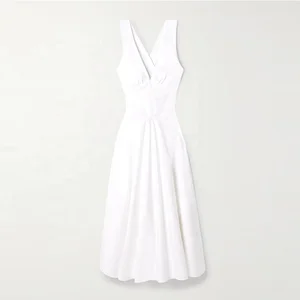 Clothing Manufacturer Custom Spring Summer v Neck Sleeve Casual Cotton White Dresses Women Lady Elegant