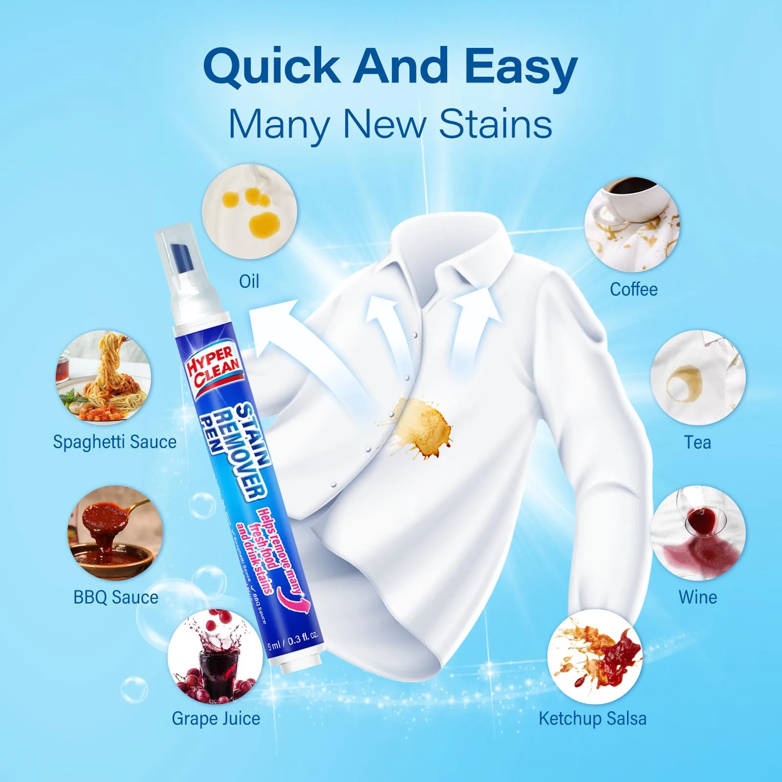 9ml to Quickly Clean Dirt Oil Color Spot Food Drink on the Go Instant Laundry Clean Clothes Bleach Stain Remover Pen